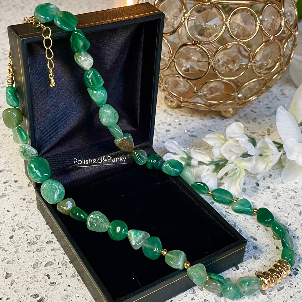 18kt Gold plated Natural Green Agate necklace ~ Gold necklace in gift box